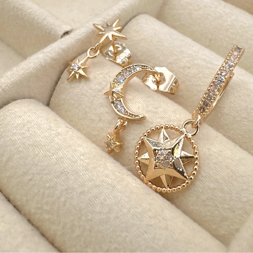 Star, Moon & North Star Hoop Earrings Trio | 18K Gold Plated Luxury Jewelry
